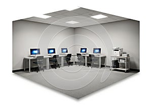 Modern computer lab setup with multiple workstations and technology equipment