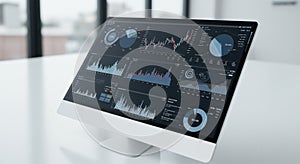 Modern computer monitor on a desk displaying multiple data visualizations, including