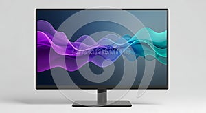 Modern computer monitor displaying abstract colorful wave pattern
