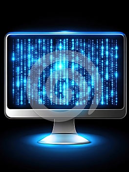 Modern computer monitor displaying blue binary code on the screen