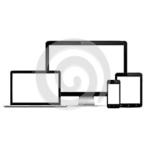 Modern computer monitor, laptop, digital tablet and mobile phone with blank screen