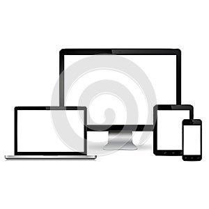 Modern computer monitor, laptop, digital tablet and mobile phone with blank screen