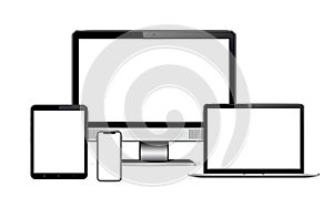 Modern computer monitor, laptop, digital tablet and mobile phone with blank screen isolated. Vector illustration