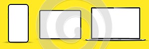 Modern computer monitor mockup isolated on yellow background front view. Vector illustration