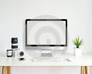 Modern computer monitor template mock up on white work desk