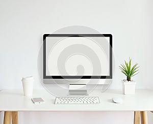 Modern computer monitor template mock up on white work desk photo
