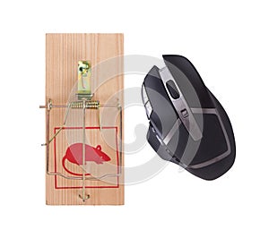 Modern computer mouse in a mousetrap