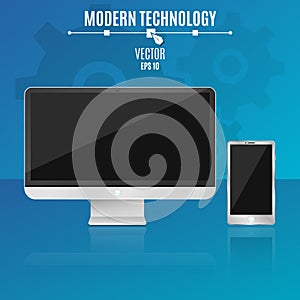 Modern computer and phone on a blue background. Empty, black screen of the monitor. Hi-tech. Vector illustration