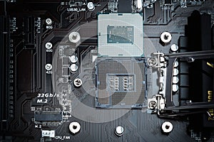 Modern computer processor on motherboard socket.