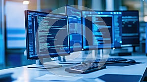 Modern computer programming workspace with multiple screens displaying code in a bright office environment for software