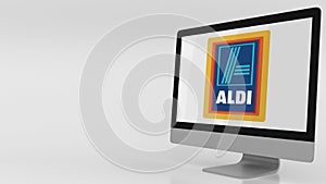 Modern computer screen with Aldi logo. Editorial 3D rendering