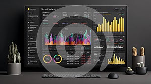 Modern computer screen displaying complex data visualizations and graphs with futuristic interface