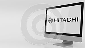 Modern computer screen with Hitachi logo. Editorial 3D rendering