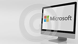 Modern computer screen with Microsoft logo. Editorial 3D rendering