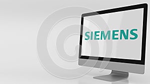 Modern computer screen with Siemens logo. Editorial 3D rendering