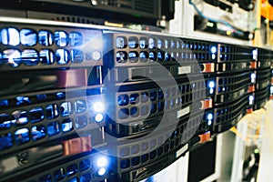 Modern computer server is a close-up. Computing equipment is on the hosting site of the data center. Cloud storage concept. Mining