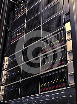 Modern computer server in rack brown tinting design. Cloud storage technology and big data