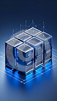 Modern computer server racks glowing with blue lights connected by a digital network