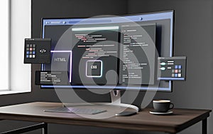 Modern computer setup with code on multiple screens, ai-generated