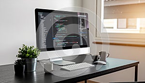Modern Computer Setup with Code on Screen in Bright Office