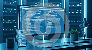 Modern computer setup coding in a neon blue futuristic office