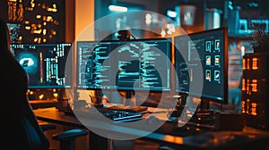 Modern computer setup with coding software on multiple screens