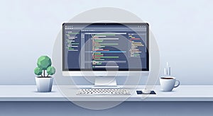 Modern computer setup displays code on screen, representing software development and programming.
