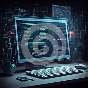 A modern computer setup displays lines of code on a large monitor, alongside a
