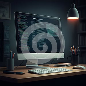 A modern computer setup displays lines of code on a large monitor, suggesting