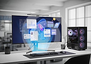 Modern computer setup featuring a large monitor displaying a futuristic interface with