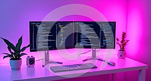 Modern computer setup featuring two monitors displaying code.