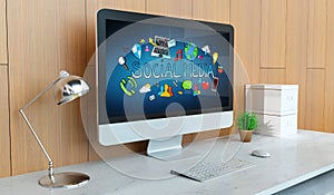 Modern computer with social media presentation 3D rendering