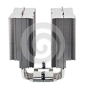 Modern computer two sectional radiator of cpu cooler with heat pipes isolated on white background