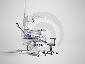 Modern concept blue armchair and dental equipment for tooth treatment behind 3d render on gray background with shadow