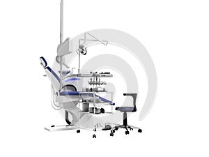 Modern concept blue armchair and dental equipment for tooth treatment behind 3d render on white background no shadow