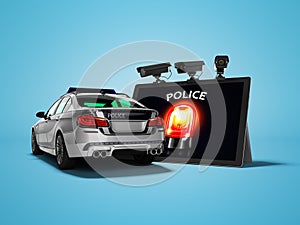 Modern concept of calling police car through the Internet 3d render on blue background with shadow