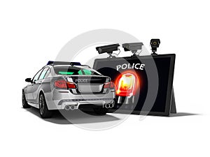 Modern concept of calling police car through the Internet 3d render on white background with shadow