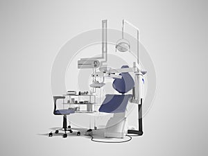 Modern concept of dentist with blue dental chair with manual light and various drills to identify tooth 3d render on gray