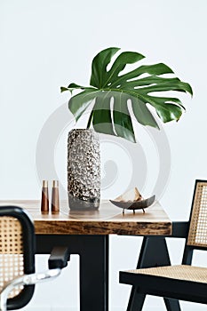 Modern concept of dining room interior with wooden table, chairs, plate with nuts, salt and pepper shaker and tropical leaf.