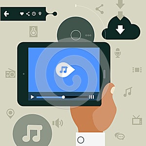 Modern concept of hand holding mobile device with media player app