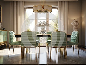 Modern concept interior of dining room with beige chairs and pastel green natural light shines through windows