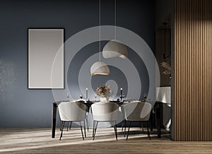 Modern concept interior of dining room with empty white picture frame.