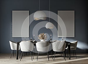 Modern concept interior of dining room with two empty white picture frame.