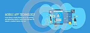 Mobile application development team working on app technology, interface, coding, programming, concept. Flat design vector banner.