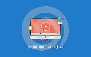 Online video marketing, digital content promotion, audience engagement, social media promotion. Flat design vector banner.