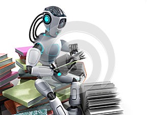 modern concept of piece intelligence robot is reading books sitting on a pile of books3d render on white
