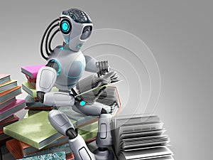 modern concept of piece intelligence robot is reading books sitting on a pile of books3d render on grey