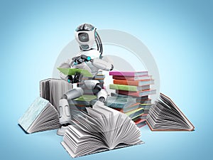 Modern concept of piece intelligence robot is reading books sitting on a pile of books3d render on blue gradient