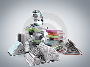 Modern concept of piece intelligence robot is reading books sitting on a pile of books3d render on grey gradient