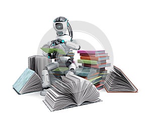 Modern concept of piece intelligence robot is reading books sitting on a pile of books3d render on white